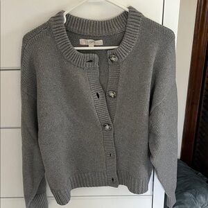 LOFT Gray Rib-Trim Button Cardigan
